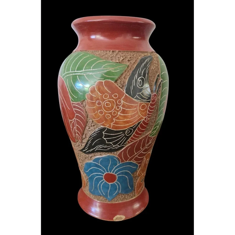 Nicaragua Clay Pottery Vase Handmade Carved Butterflies Tropical Textured Raised